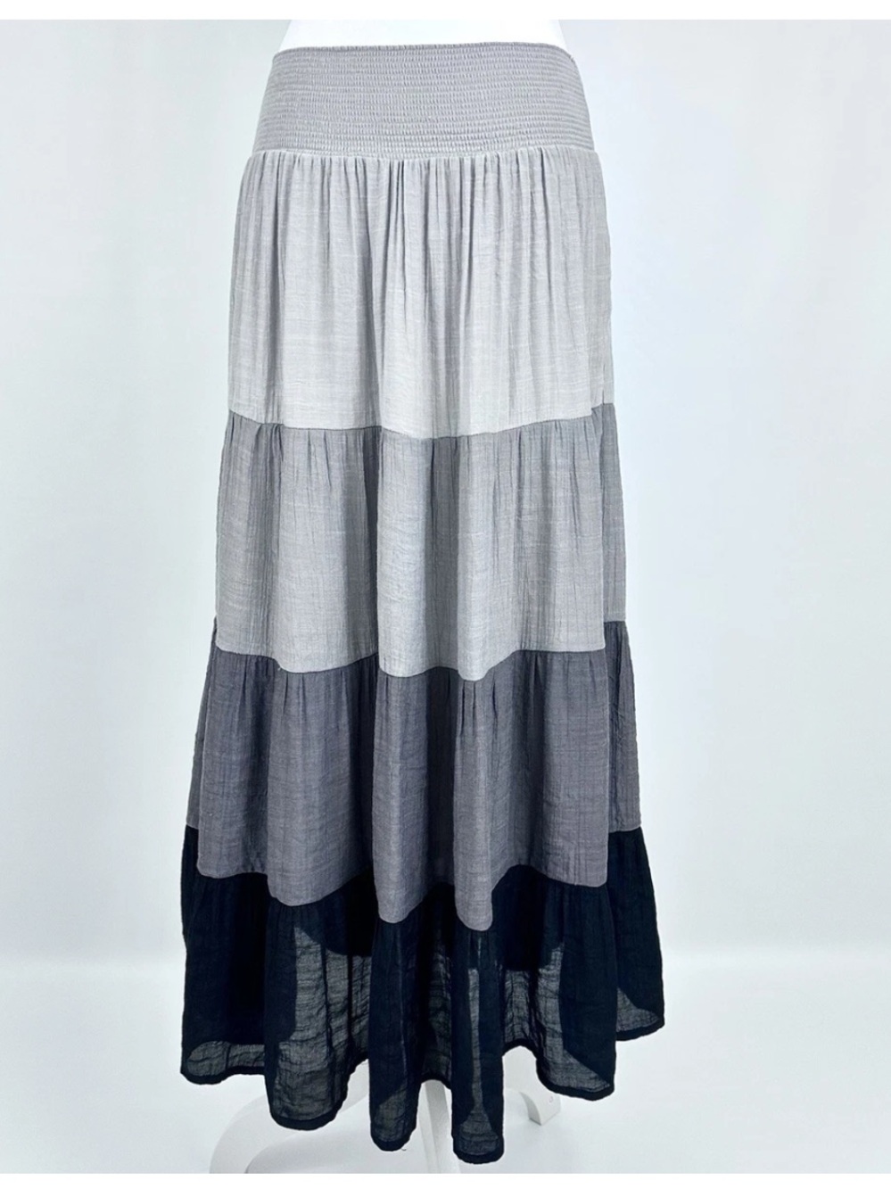Boho Gray Black Ombre Tiered Maxi Skirt Smocked Waist Size S